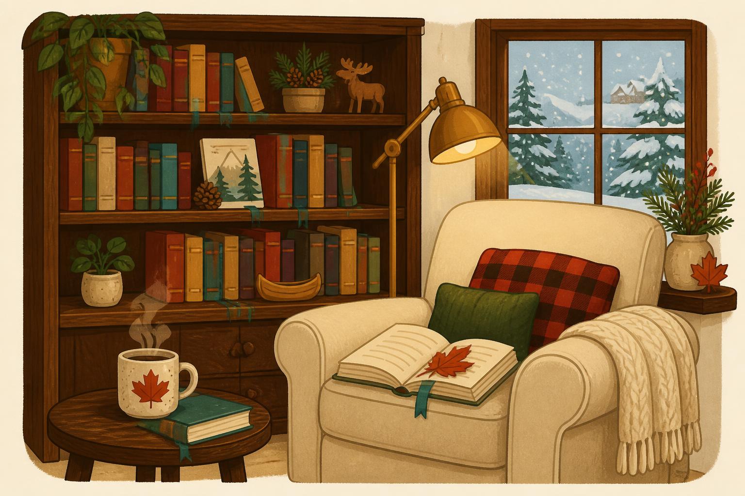 Cartoon Canadian reading nook with a walnut bookshelf, gold reading lamp, steaming mug and a maple leaf in an open book